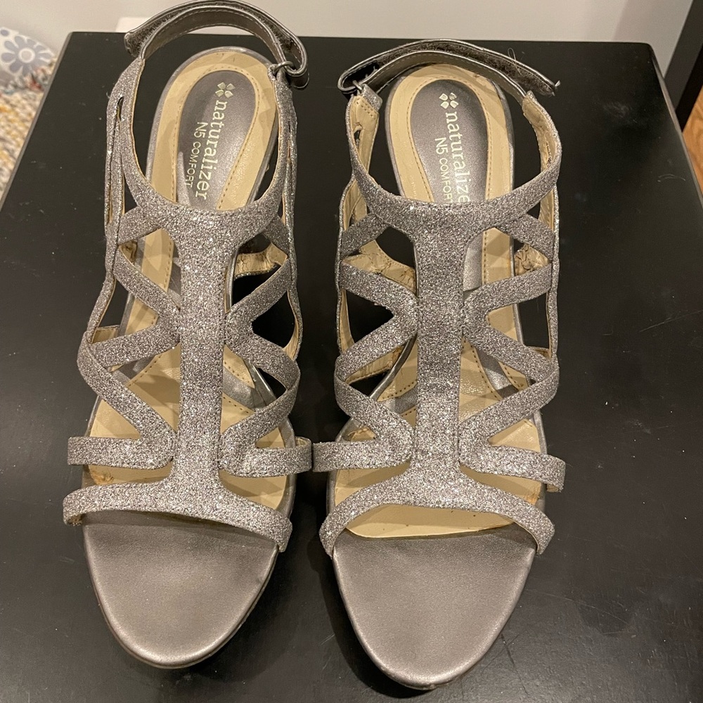 Comfortable sparkly silver Velcro strap heels